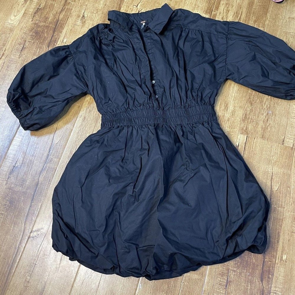 Free People Shoulder Ruched Collar Button Up Mini Dress Black Medium M